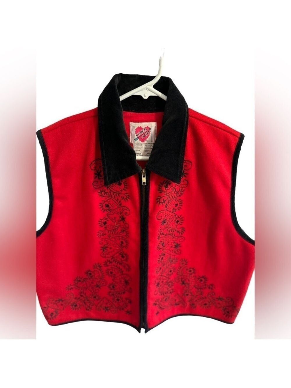 Keren Hart Vest Womens Large Red With Black Collar & Design Zipper Lined Holiday